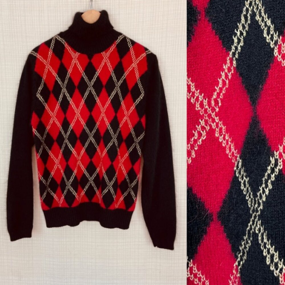 Vintage Preppy Sweater Argyle Wool Angora Turtleneck Soft Cozy